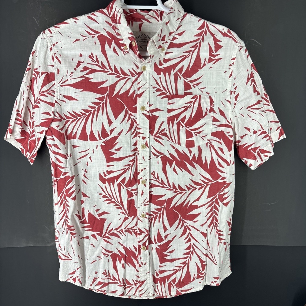 St John's Bay Shirt Men's Lg Cranberry Leaf Pattern Button Up Short Sleeve‎